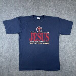 Vintage All Sport Jesus Thats My Final Answer T-Shirt Navy Single Stitch XL 90s